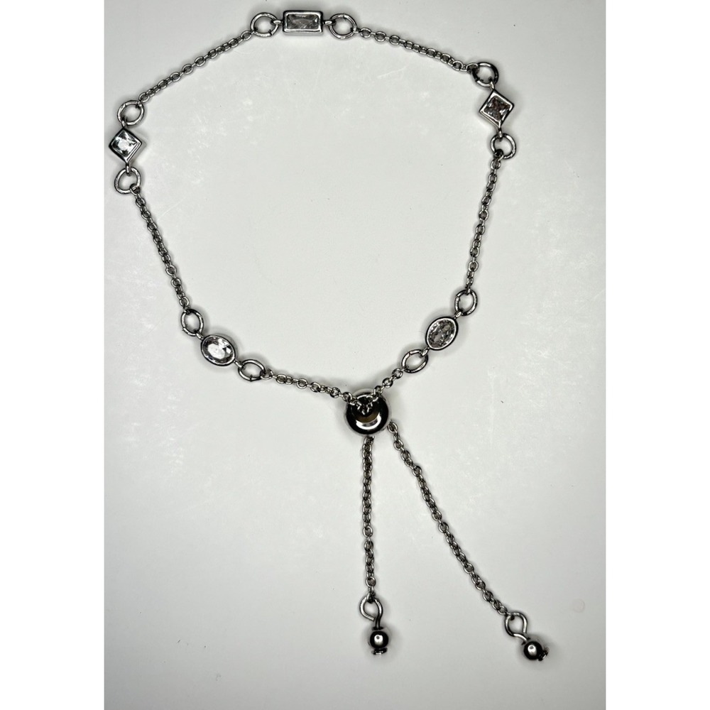Bezel Set Clear Rhinestone Adjustable Slider Bracelet Silver Tone